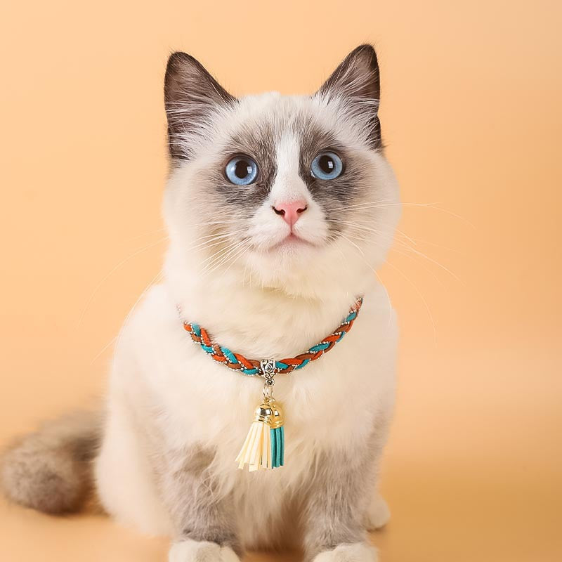 HKM-0799165 Colorblock Adjustable Cat Collar in Turquoise, Orange Green, and Pale Pink - Korean Velvet/Silk Material