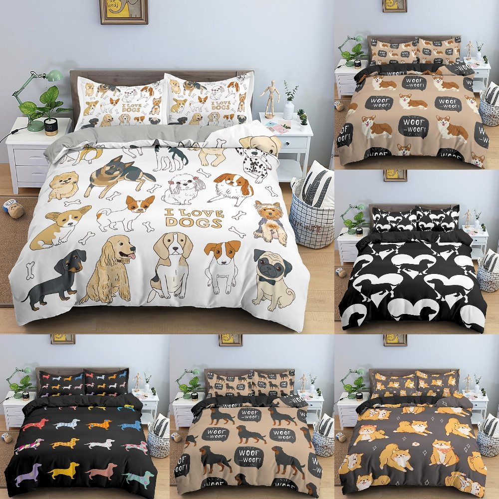 HKM-080147 Dachshund Cartoon Anime Three-Piece Bedding Set in Various Sizes