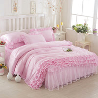 HKM-080147 Solid Color Lace Bedspread Set with Bed Skirt and Pillowcases in Multiple Colors