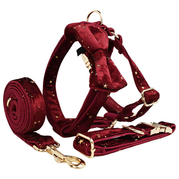 HKM-0802237 Soft Velvet Fabric Pet Collar Set with Leash, Bow, Flower, Vest, and Poop Bag