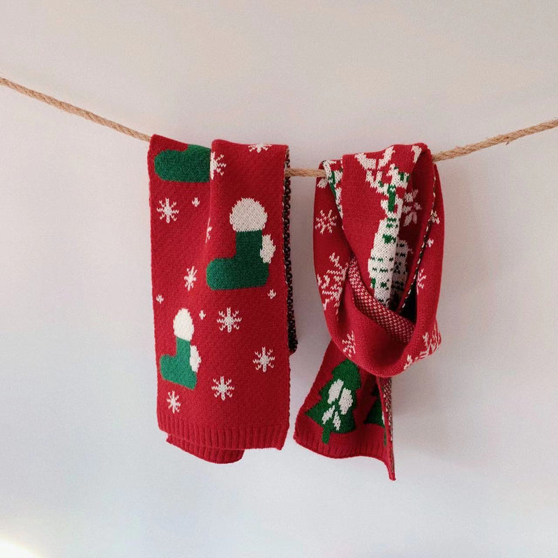 HKM-080275 Christmas-Themed Knitted Scarf for Children with Deer and Tree Designs, 130CM x 20CM, Acrylic Warmth