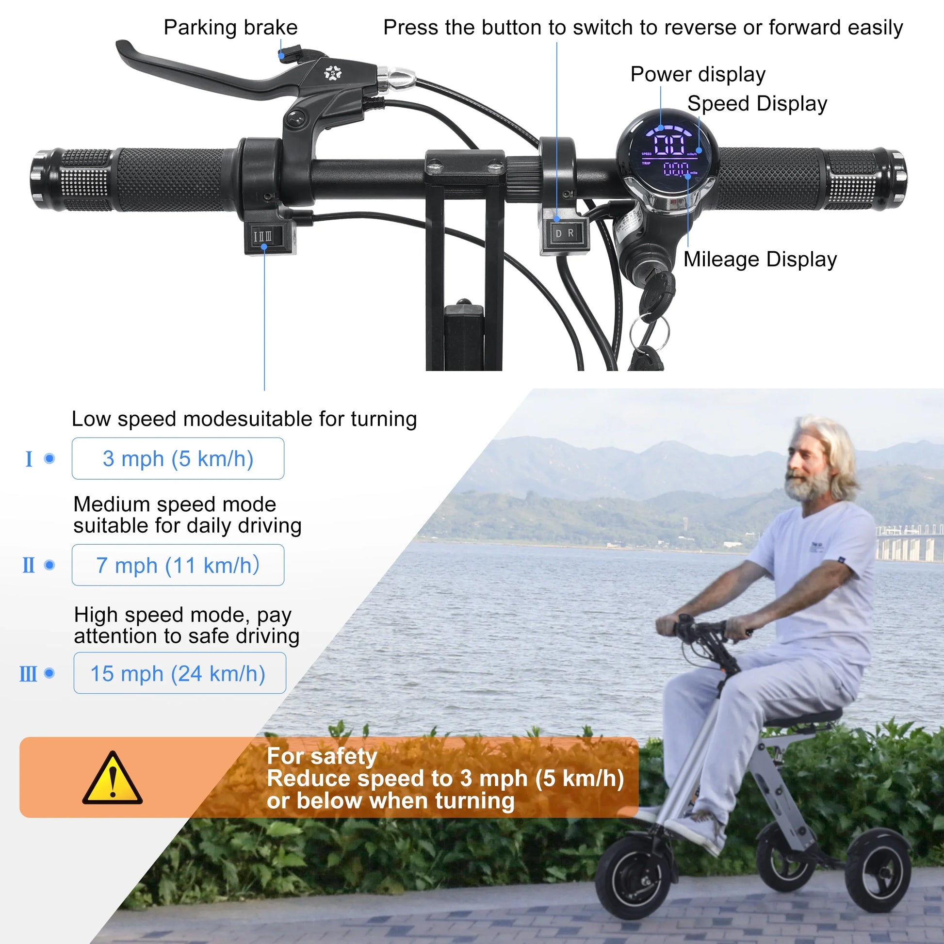 HKM-080339 Electric Tricycle Mobility Scooter with 10-Inch Tires, 250W Motor, Foldable Design, and Reverse Function