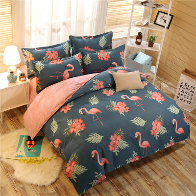 HKM-080467 Flamingo and Floral 4-Piece Cotton-Blend Bedding Set with Personalized Designs