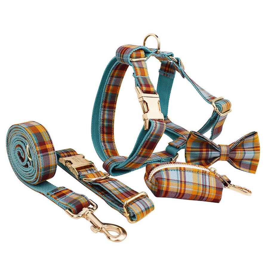 HKM-080531 Soft Fabric Velvet Pet Collar with Leash, Bow, Flower, Vest, and Poop Bag - Scalable Sizes XS to XL