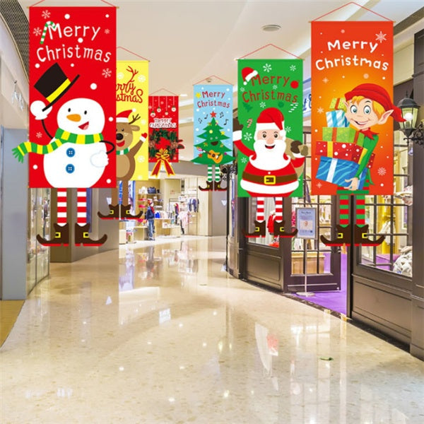 HKM-080595 Christmas Themed Cloth Window Decoration Set - Snowman, Santa Claus, Elk, Wreath, Tree, Elf - 115x40cm