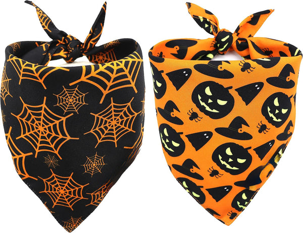 HKM-0806205 Reversible Halloween Dog Bandana with Pumpkin and Spider Web Design, Adjustable Fit for Neck Sizes up to 16 inches