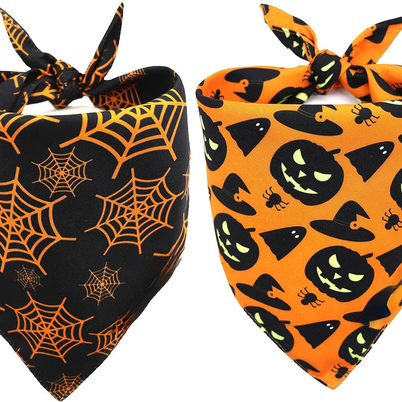 HKM-0806205 Reversible Halloween Dog Bandana with Pumpkin and Spider Web Design, Adjustable Fit for Neck Sizes up to 16 inches