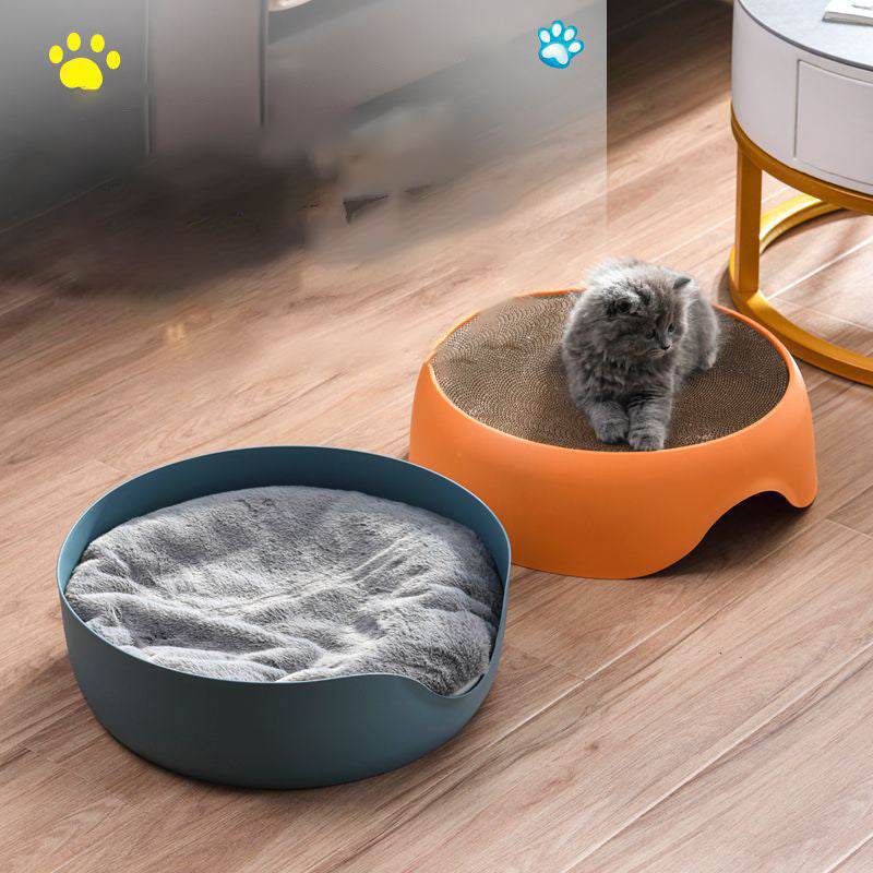 HKM-0806973 Dual-Function Cat Nest and Scratching Bowl with Thick Plush Mat for Year-Round Use