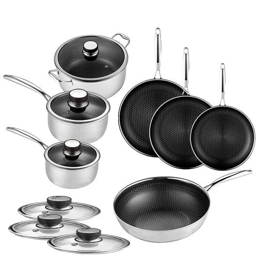 HKM-080851 13-Piece Stainless Steel Hybrid Cookware Set with Lids, 3-Ply Non-Stick Honeycomb Design