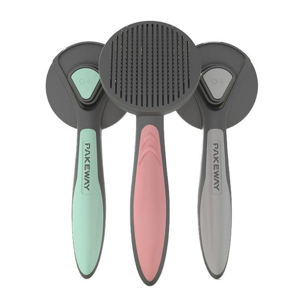 HKM-081043 Pet Floating Hair Combing Brush - Ergonomic Handle in Mint Green, Cherry Blossom Powder, and Gentleman Grey