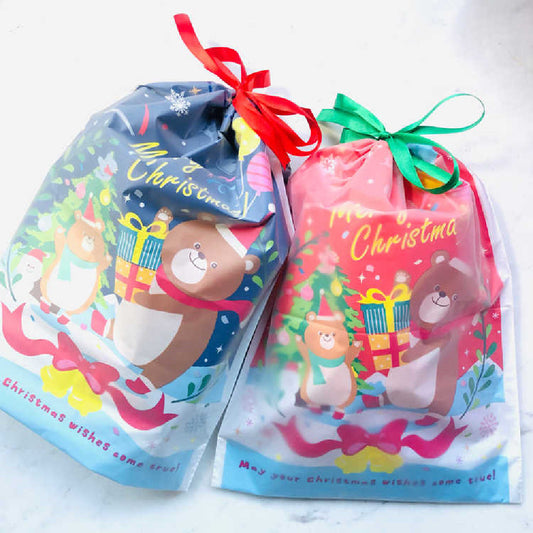 HKM-081107 Japanese Style Drawstring Bear Bag - 27cm x 33.5cm, Double Layered with Frosted Outer and Printed Inner, Perfect for A4 Paper and Cylinders