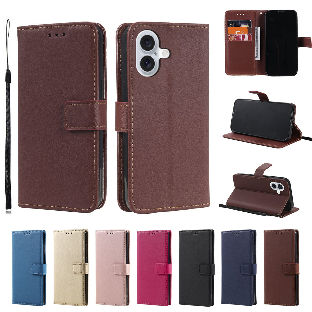 HKM-081235 Solid Color Leather Flip Card Holder Phone Case for iPhone - Shockproof, Anti-Wear, Crossbody Style