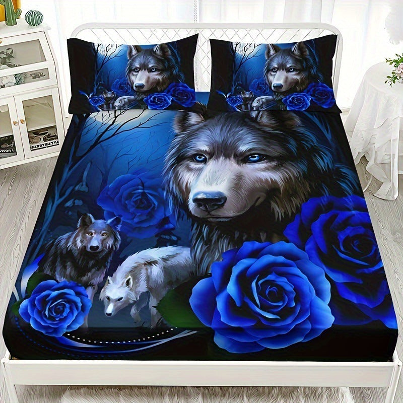 HKM-081299 Cartoon Blue Rose Pattern Microfiber Bed Sheet Set - Three-Piece Bedding Ensemble