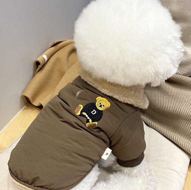 HKM-0813117 Thick Warm Jacket for Small Dogs and Cats, Autumn/Winter Apparel in Beige and Brown Bear Designs