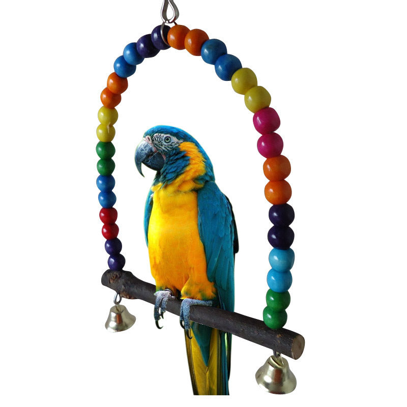 HKM-082387 Bird Ladder and Climbing Toy with Bells for Birds and Parrots - Natural Wood Design
