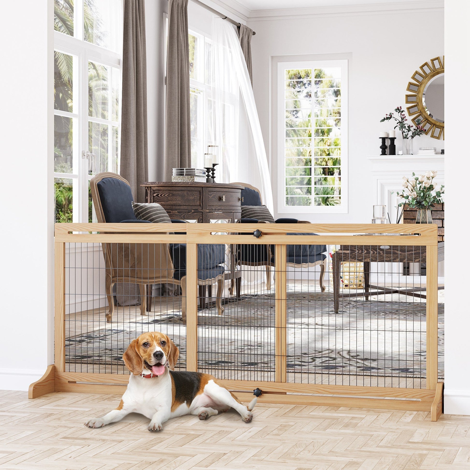 HKM-0825661 Extra Wide Freestanding Pet Gate, Adjustable Natural Pine Wood Barrier for Dogs and Cats, 41"-70.9" Long