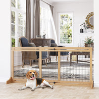 HKM-0825661 Extra Wide Freestanding Pet Gate, Adjustable Natural Pine Wood Barrier for Dogs and Cats, 41"-70.9" Long