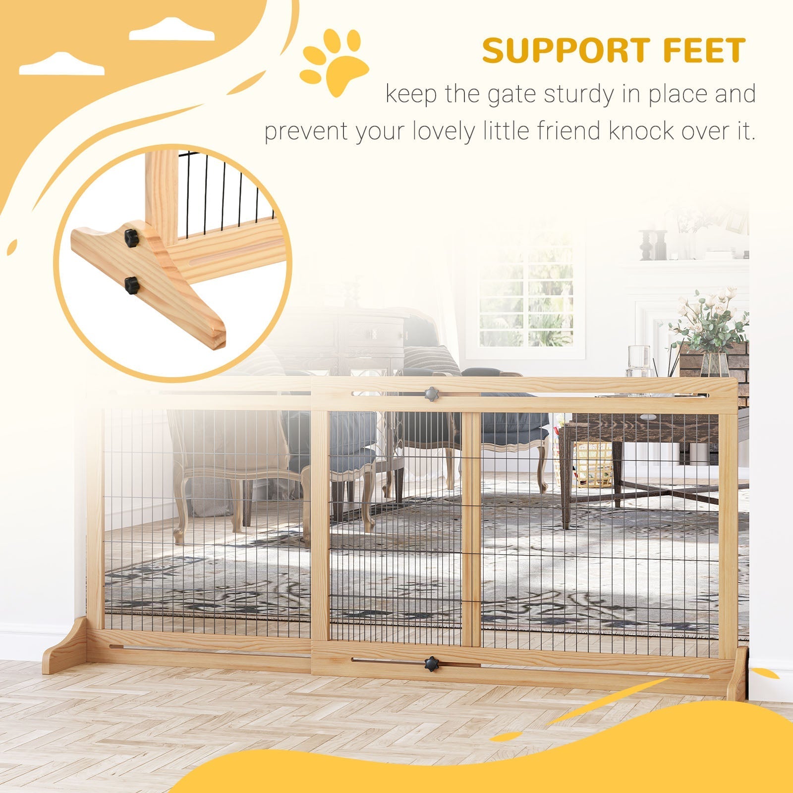 HKM-0825661 Extra Wide Freestanding Pet Gate, Adjustable Natural Pine Wood Barrier for Dogs and Cats, 41"-70.9" Long