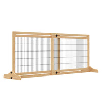 HKM-0825661 Extra Wide Freestanding Pet Gate, Adjustable Natural Pine Wood Barrier for Dogs and Cats, 41"-70.9" Long