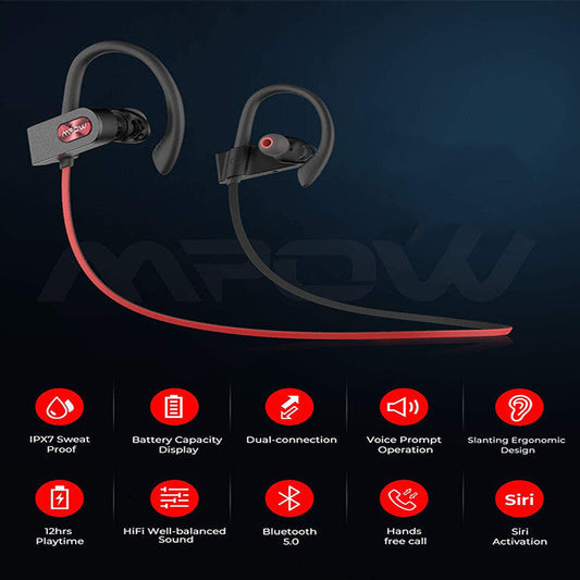 HKM-082643 Bluetooth Hanging Ear Headset with Stereo Sound and Voice Control - Available in Red, Black, and Pink