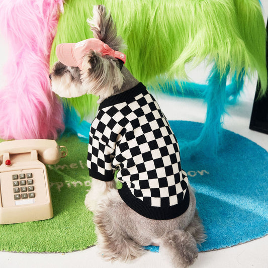 HKM-0827965 Checkerboard Knit Pullover Sweater for Pets - Black and White, Multiple Sizes Available