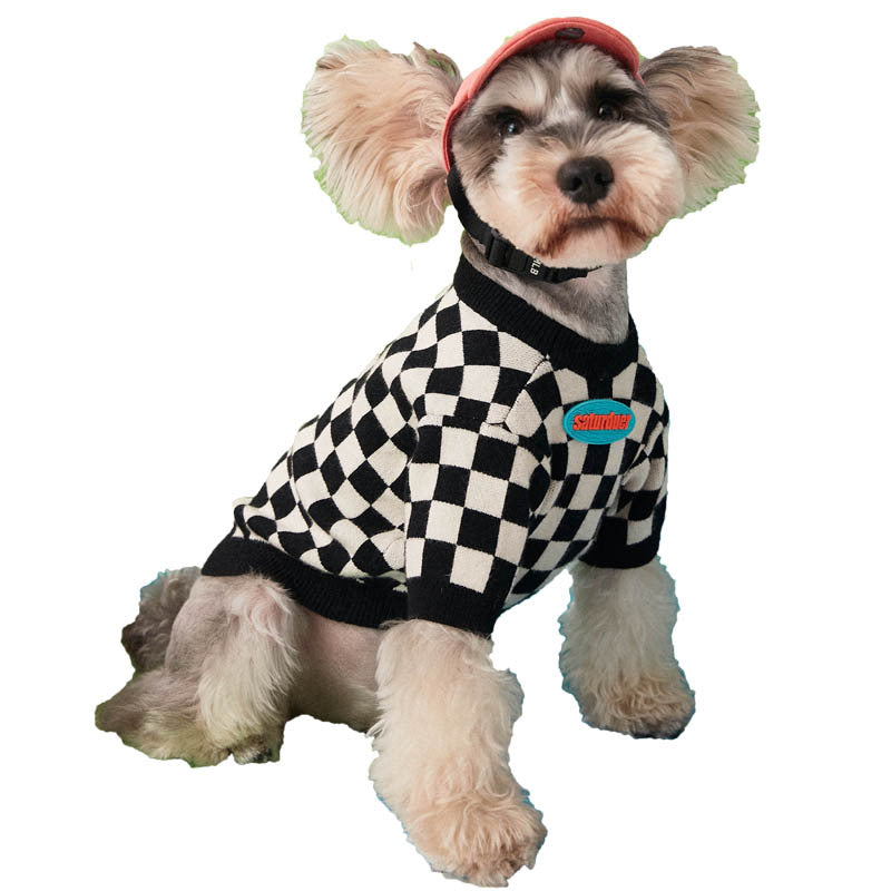 HKM-0827965 Checkerboard Knit Pullover Sweater for Pets - Black and White, Multiple Sizes Available