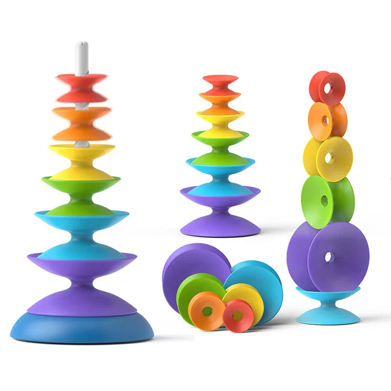 HKM-083027 Rainbow Spinning Wheel Stacking Tower Toy for Babies – Educational Sensory Balance Training for Ages 18 Months and Up