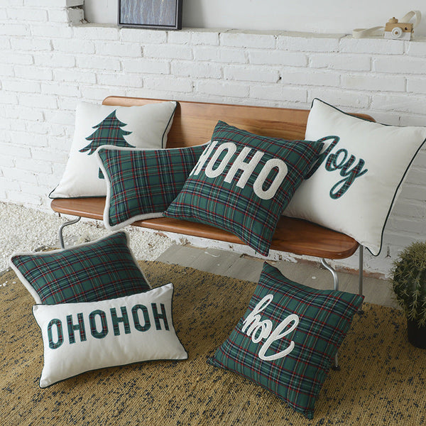HKM-083731 Christmas Green Plaid Polyester-Cotton Canvas Pillow Cover
