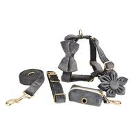 HKM-083795 Velvet Fabric Dog Collar with Leash, Bow, Flower, Vest, and Poop Bag Set