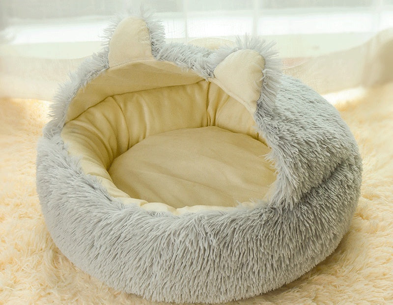 HKM-0839741 Cozy Cotton Deep Sleep Nest for Cats and Small Dogs - Semi-closed Design in Gray, Green, and Coffee Colors