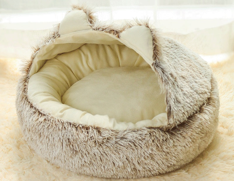 HKM-0839741 Cozy Cotton Deep Sleep Nest for Cats and Small Dogs - Semi-closed Design in Gray, Green, and Coffee Colors
