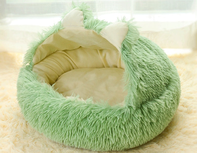 HKM-0839741 Cozy Cotton Deep Sleep Nest for Cats and Small Dogs - Semi-closed Design in Gray, Green, and Coffee Colors
