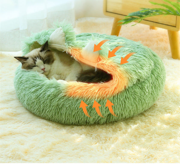 HKM-0839741 Cozy Cotton Deep Sleep Nest for Cats and Small Dogs - Semi-closed Design in Gray, Green, and Coffee Colors