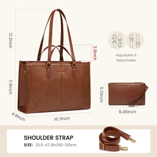 HKM-083987 Vintage Leather Laptop Bag for Women, 15.6-17 Inch Office Briefcase and Shoulder Tote Handbag