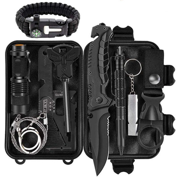 HKM-084179 10-in-1 Outdoor Survival Gear Kit with First Aid Box and Essential Tools for Camping