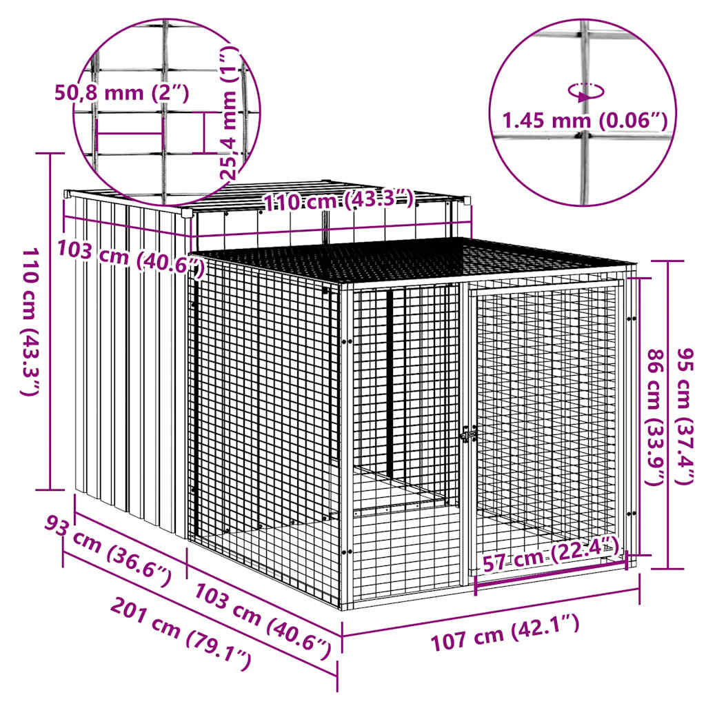 HKM-0843069 Chicken Coop with Run in Anthracite - Galvanized Steel, Dimensions 110x201x110 cm