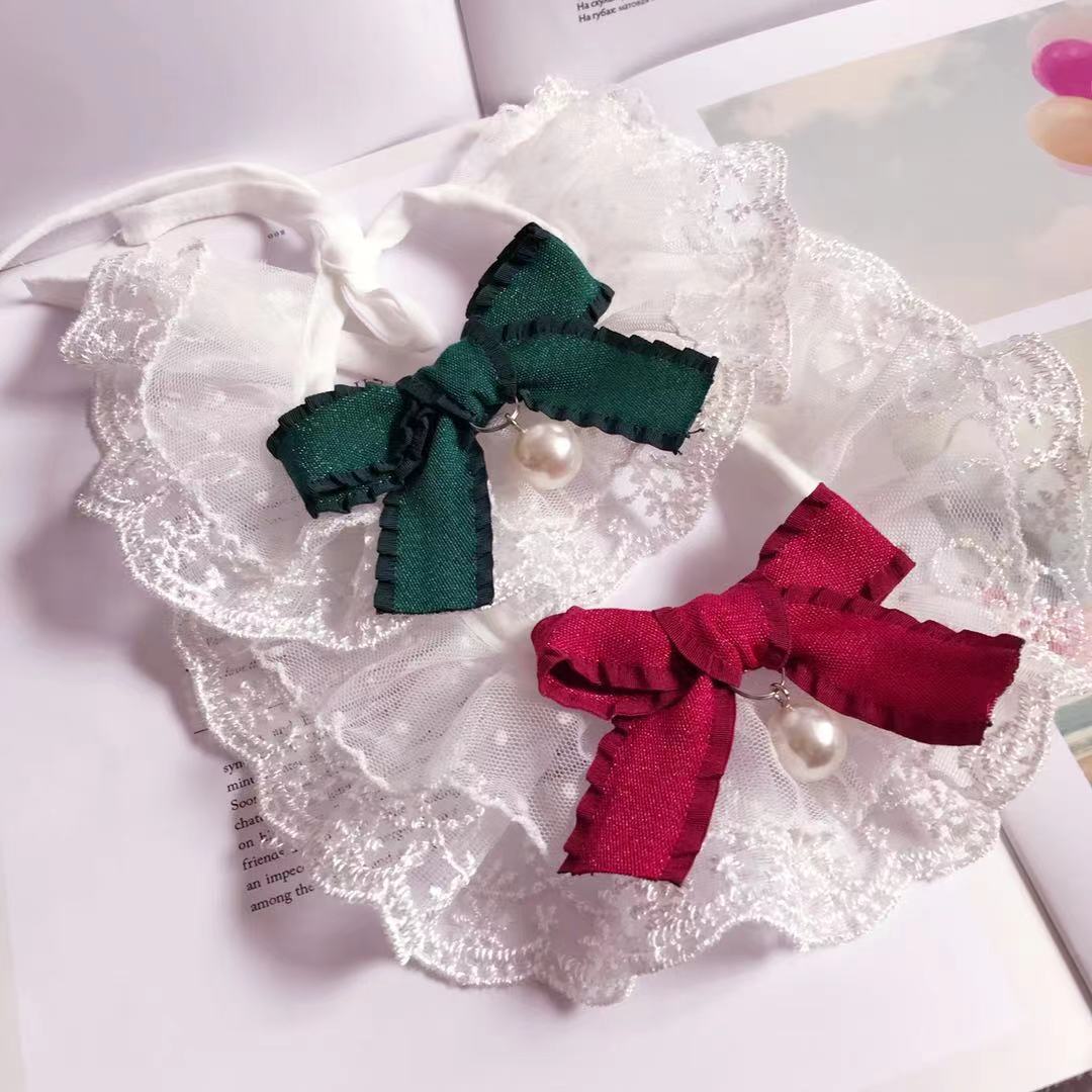 HKM-0843709 Lace Pet Bib for Cats and Dogs - Seasonal Nylon Towel, Wine Red & Dark Green in Various Sizes