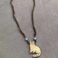 HKM-0844093 Cute Cat Pendant Braided Necklace for Women - Retro Beige O-Type Chain