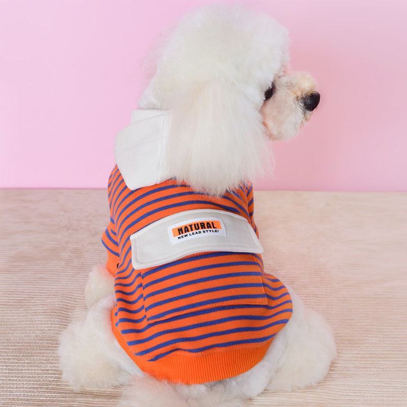 HKM-0846525 Striped Hooded Dog Sweater for Small Dogs – Casual Cotton Sportswear in Orange and Green