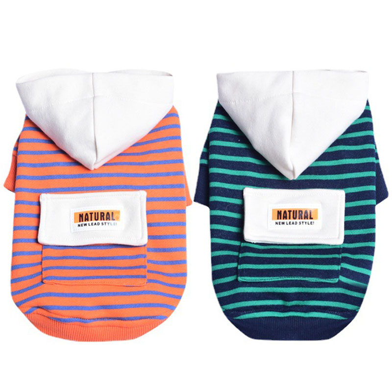 HKM-0846525 Striped Hooded Dog Sweater for Small Dogs – Casual Cotton Sportswear in Orange and Green