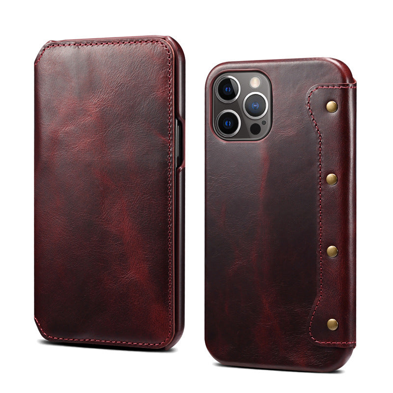 HKM-084691 Simple First Layer Leather Flip Phone Case with Card Holder - Compatible with Apple Devices