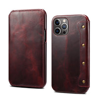 HKM-084691 Simple First Layer Leather Flip Phone Case with Card Holder - Compatible with Apple Devices