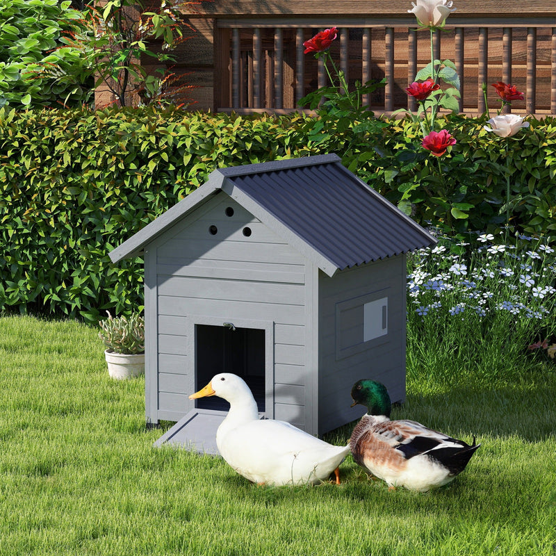 HKM-0850877 Wooden Duck House with Openable Roof & Double Doors, Light Gray Finish, Ideal for 3 Ducks