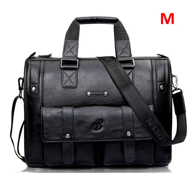 HKM-085139 Vintage Men's Black Leather Briefcase and Shoulder Bag for Laptop and Travel