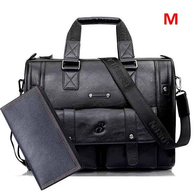HKM-085139 Vintage Men's Black Leather Briefcase and Shoulder Bag for Laptop and Travel