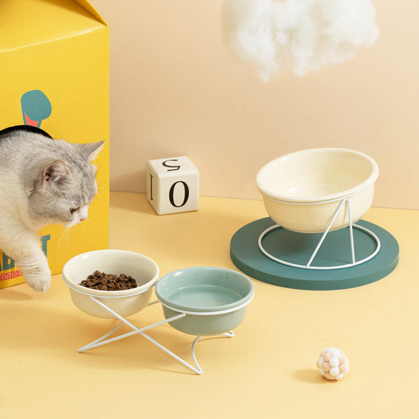 HKM-0853181 Ceramic Pet Bowls with Iron Rack ¨C Double and Single Options Available in Multiple Colors