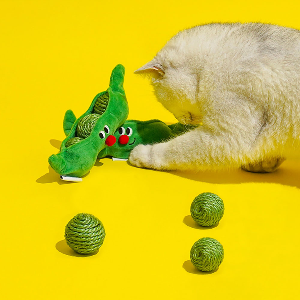 HKM-0854461 Interactive Cat Toy Balls Set - 3PCS Sisal Rope Chew Balls with Rustling Sound and Pea Pod Storage for Indoor Play
