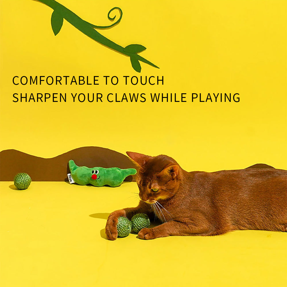 HKM-0854461 Interactive Cat Toy Balls Set - 3PCS Sisal Rope Chew Balls with Rustling Sound and Pea Pod Storage for Indoor Play