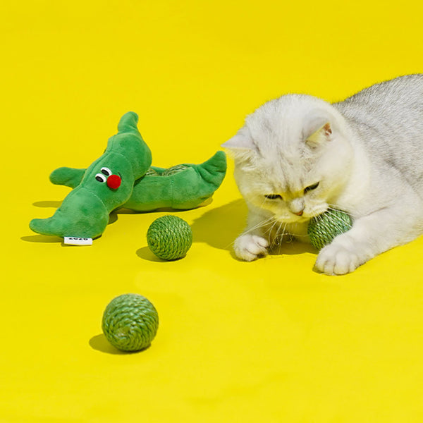 HKM-0854461 Interactive Cat Toy Balls Set - 3PCS Sisal Rope Chew Balls with Rustling Sound and Pea Pod Storage for Indoor Play