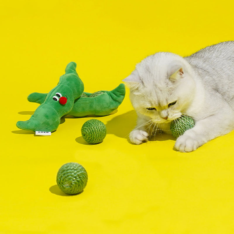 HKM-0854461 Interactive Cat Toy Balls Set - 3PCS Sisal Rope Chew Balls with Rustling Sound and Pea Pod Storage for Indoor Play